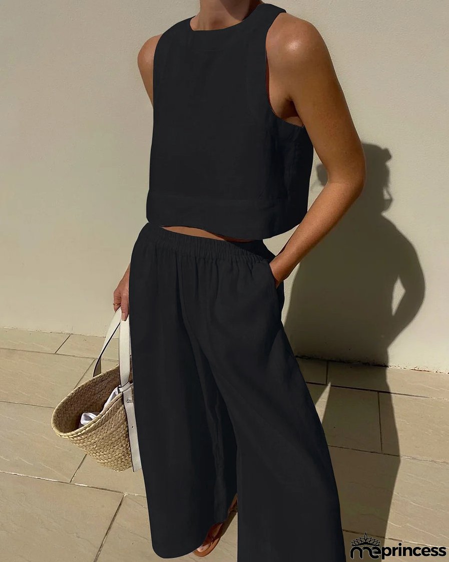 Women's Casual Set Loose Solid Color Sleeveless Shirt and Wide Leg Trousers Two-Piece Set