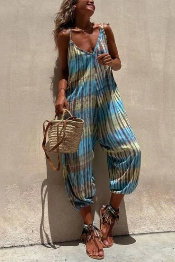 V-neck Printed Loose Lace-up Jumpsuit