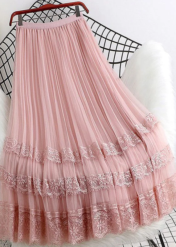Cute Pink Tulle A Line Skirt Summer Lace Patchwork