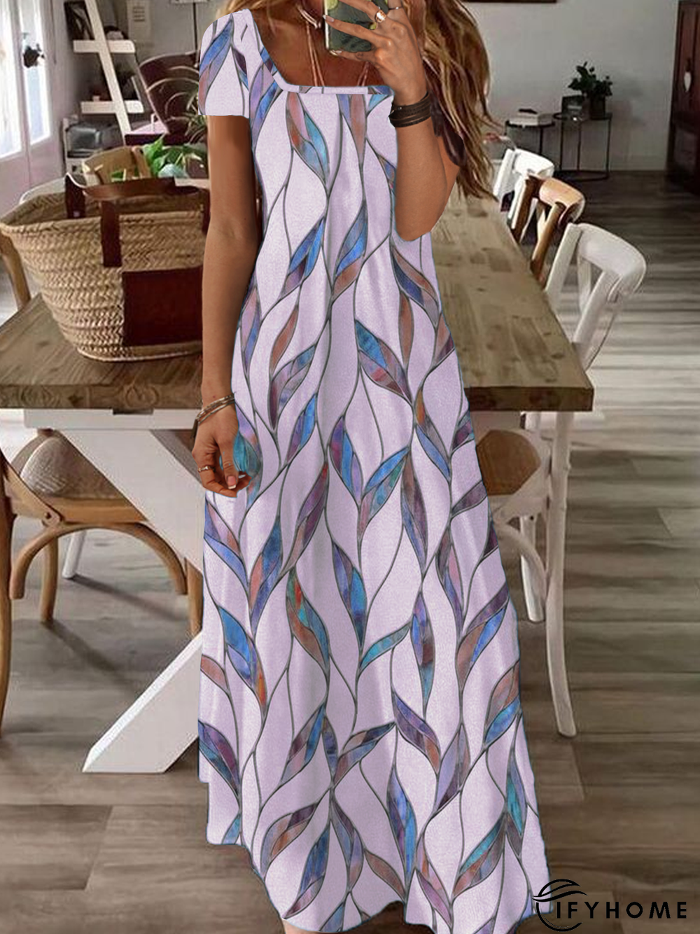 Printed Casual Square Neck Short Sleeve Dress | IFYHOME