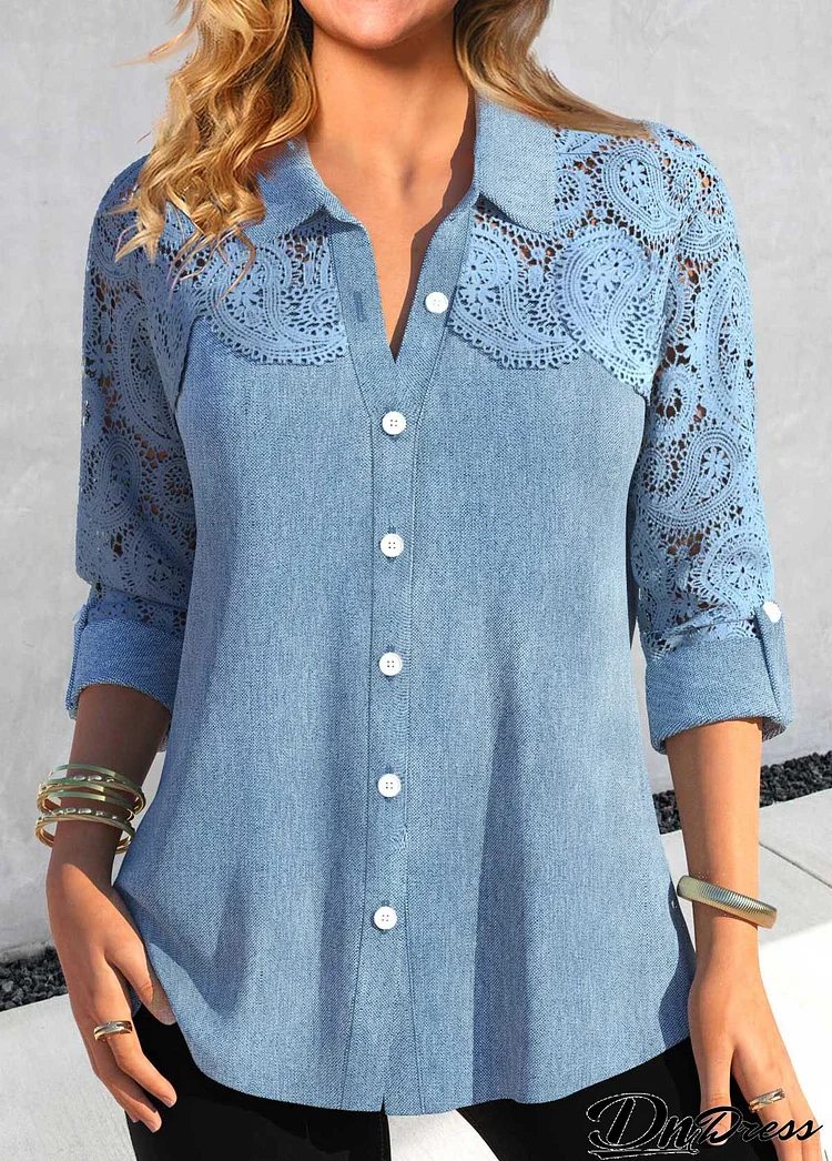 Dusty Blue Patchwork Long Sleeve Turn Down Collar Blouse