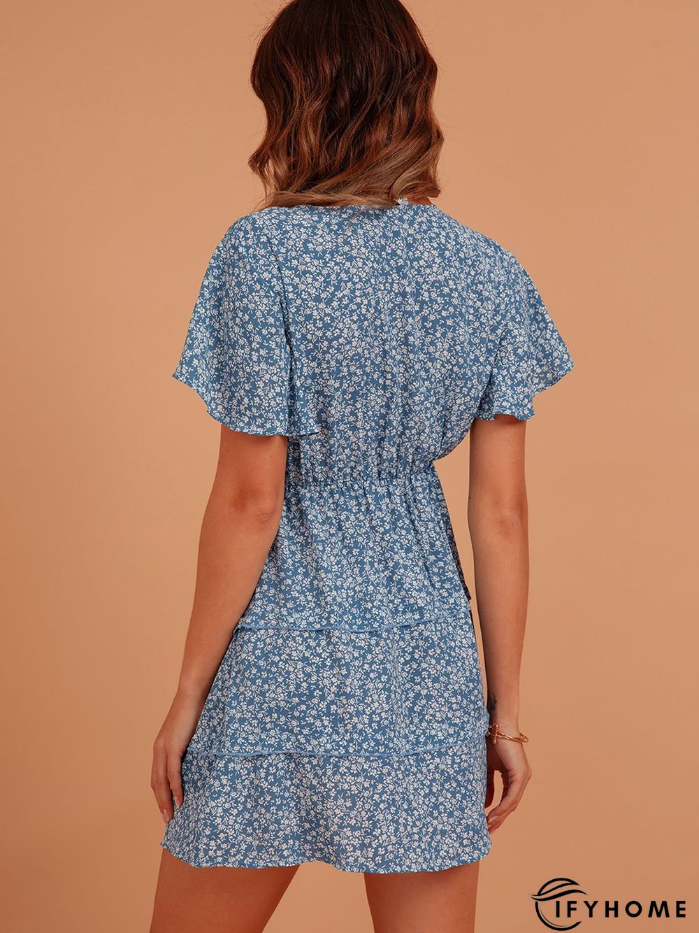 Blue Sweet V Neck Silk-Chiffon Weaving Dress | IFYHOME