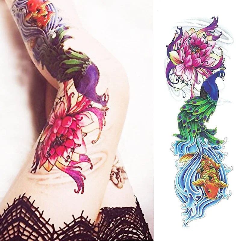 Full Flower Arm Tattoo Sticker 40models Fish Peacock Lotus Temporary Body paint Water Transfer fake Tatoo sleeve