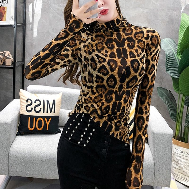 Fashion Leopard Elegante Plus Size Tops Turtleneck Shirt Ladies OL Party Top Women Long Sleeve Blouse Streetwear Blusas 7704 50
