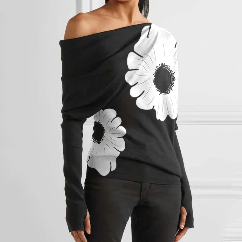 Vinaxco UOOZEE Women Asymmetrical One-Shoulder T-Shirts 2025 New Autumn Long Sleeves Fashion Floral Printed Split-Joint Casual Tops
