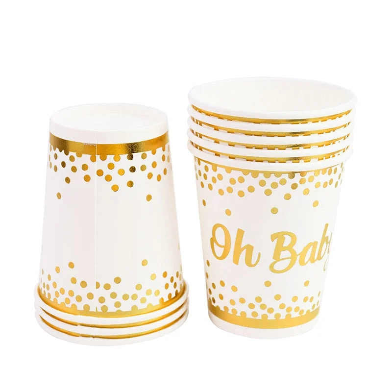 Oh Baby Gold Dot Disposable Tableware Set Boy Girl Baby Shower Favor Gender Reveal Balloon Banner Kids Birthday Party Decoration