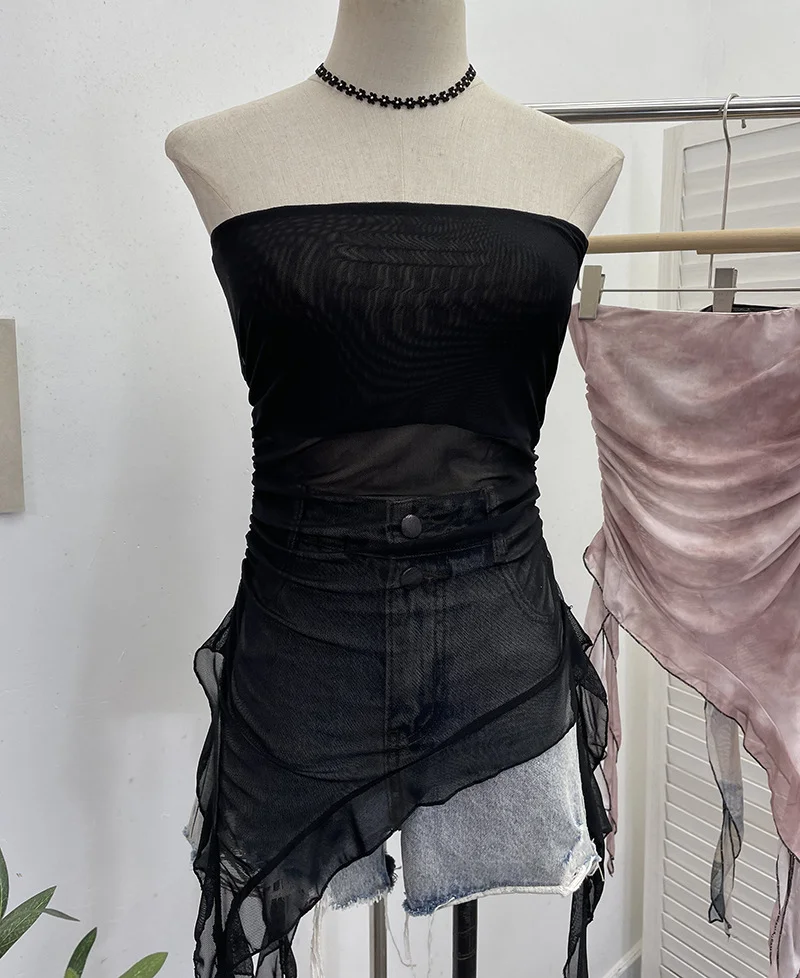 Uveng Real Shooting 2024 Summer New Dyed Printing Mesh Yarn Chest Sleeveless Top Irregular Ribbon Vest 9956