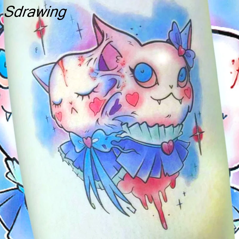 Sdrawing Temporary Tattoo Sticker Anime Cartoon Cute Pink Hair Girl Flower Necklace Fake Tatto Flash Tatoo Art for Women Men