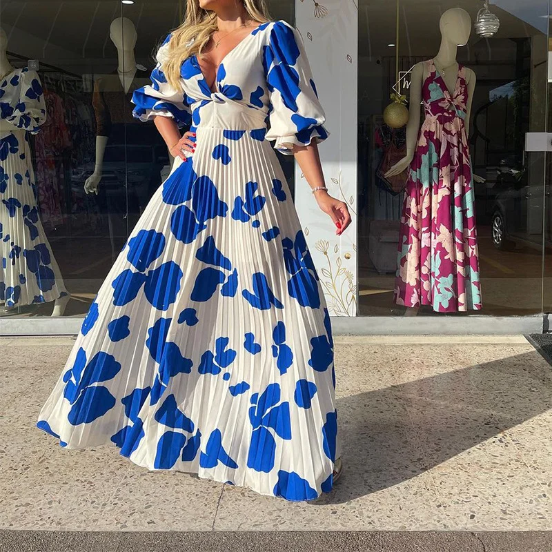 Woherb Woherb Spot 2024 Summer New Women's Fashion V-Collar Middle Sleeve Medium Long Print Dress-Outfit Ideas