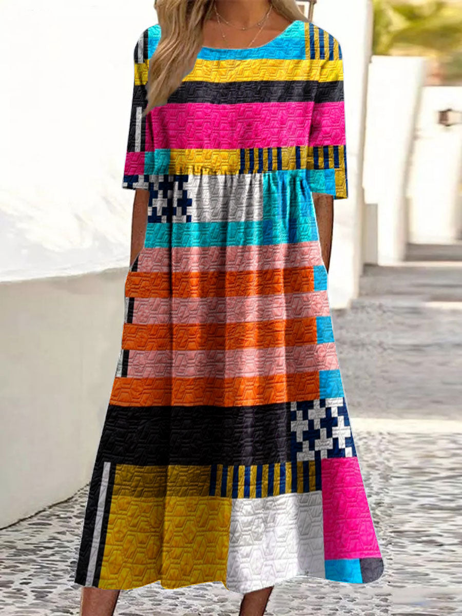 Women's Vintage Abstract Geometric Line Art Print Pocket Cotton Dress