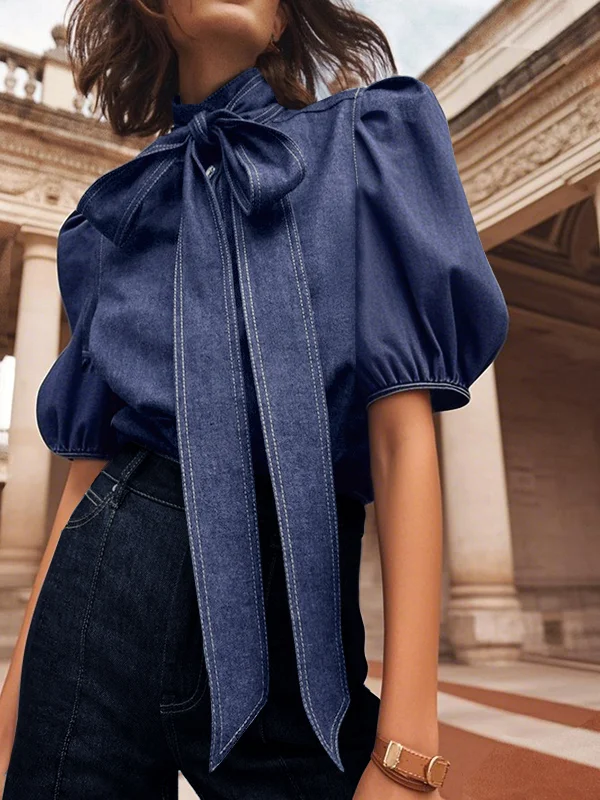 Bow-Embellished Buttoned Split-Joint Tied Long Sleeves Puff Sleeves High Neck Blouses&shirts Tops