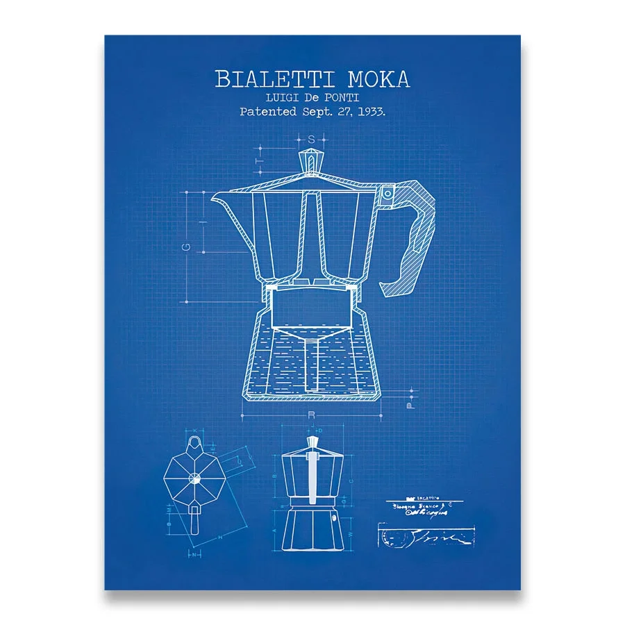 Coffee Pot Patent Posters and Prints Bialetti Moka Poster Coffee Blueprint Art Picture Canvas Painting Kitchen Wall Art Decor