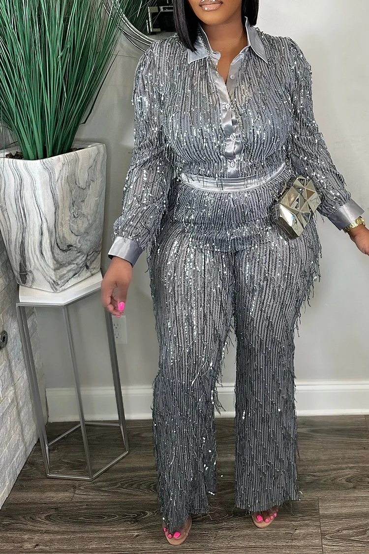 Plus Size Party Pant Sets Silver Fall Winter Shirt Collar Long Sleeve Strappy Sequin Two Piece Pant Sets [Pre-Order]