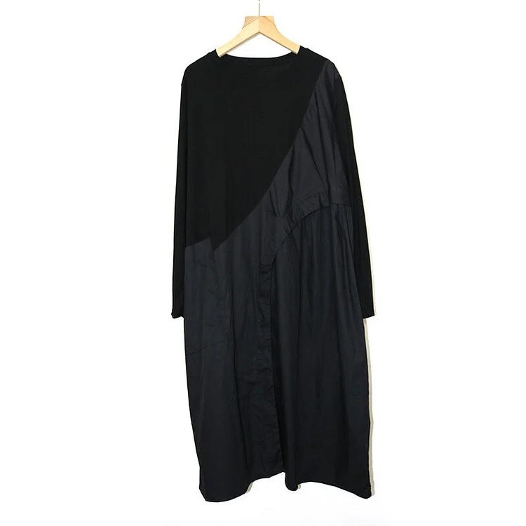 Casual Loose O-neck Contrast Color Asymmetrical Patchwork Folds Long Sleeve Dress