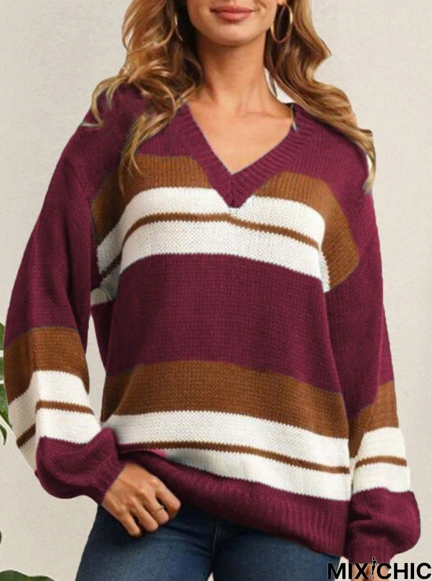 V-Neck Loose Casual Striped Sweater Pullover