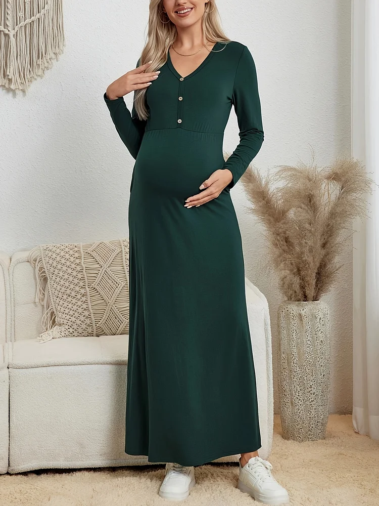 Elegant Maternity Dress - V-Neck Long Sleeve Solid Color Breathable Stretchy Fabric, Straight Cut Regular Fit Machine Washable Spring Summer Pregnancy Dress For Women, Comfortable Pregnancy Clothes, Maternity Clothe
