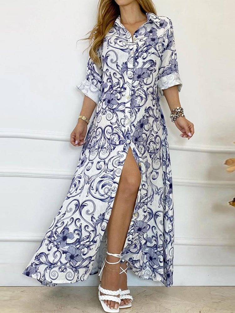 Floral Print Long Sleeve Splited Maxi Shirt Dresses For Women SKUI04739 QueenFunky