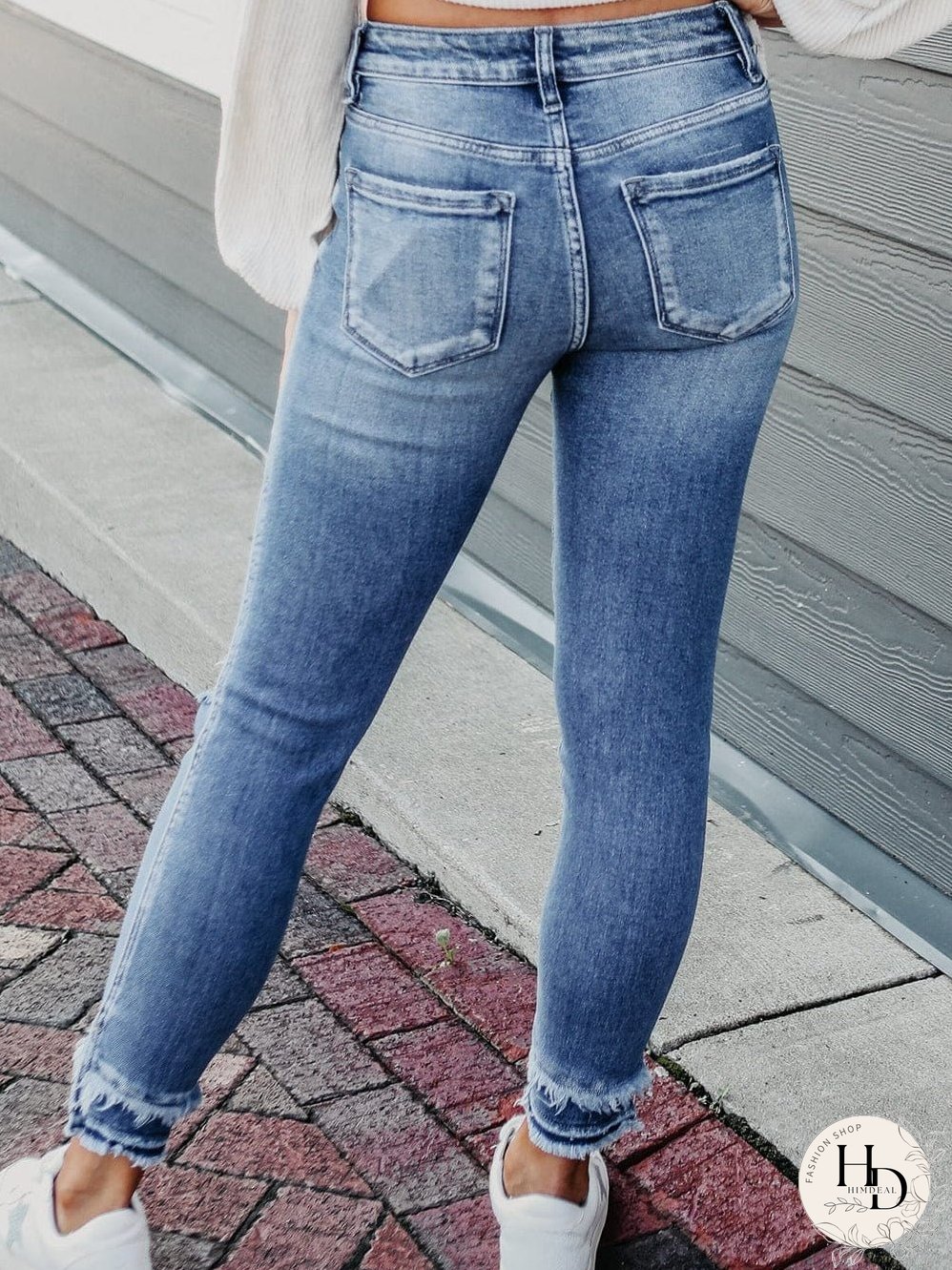 Blue Raw Hem Straight Jeans with Leopard Print Patchwork Detail and Ripped Holes - Women's Denim Clothing