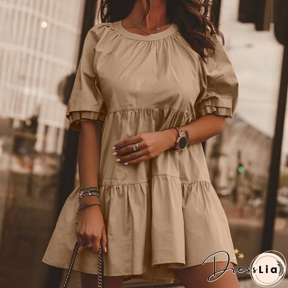 Women Casual Loose Elegant Mini Dress Summer Short Sleeve Party Pleated A Line Dress Plus Size Kleid