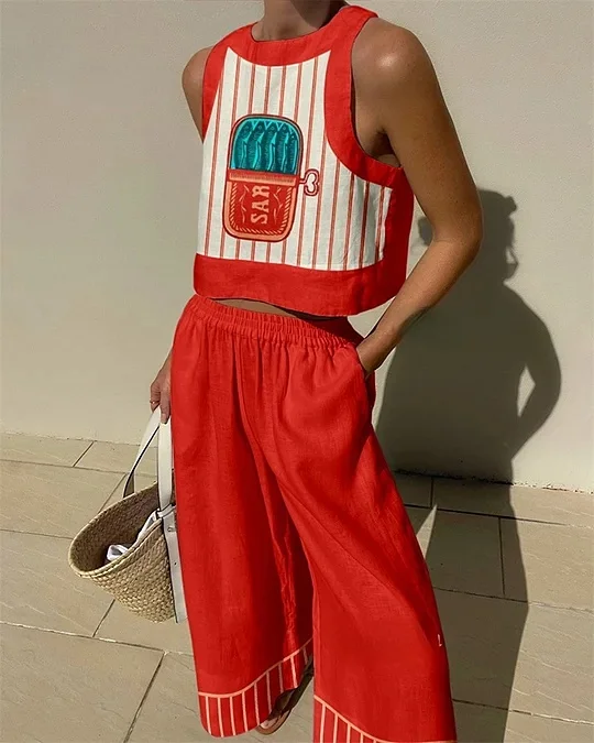 Sardine Colorblock Print Top & Pants Two-Piece Set