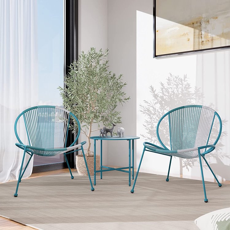 3 Piece Acapulco Steel Woven Rope Bistro Set  with Coffee Table (Lake Blue)