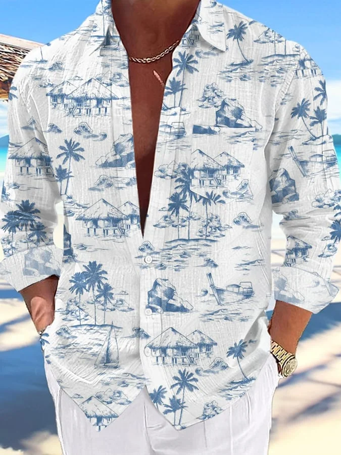 Men's Hawaiian Palm Tree Print Long Sleeve Pocket Shirt