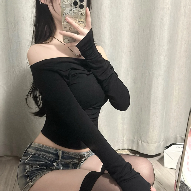 Black Solid Slash Neck Elegant Long Sleeve Tops Fashion Slim Sexy Cropped T Shirt Skinny Women Y2k Clothing Autumn Casual Shirts