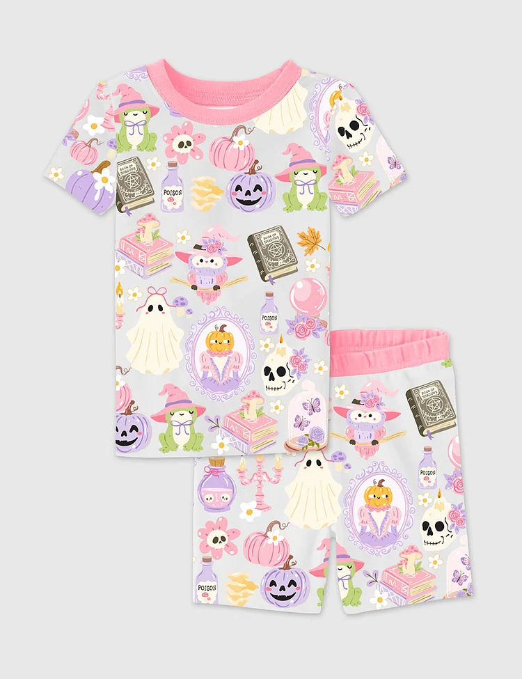 Kid's Witchy Halloween Spooky Halloween Aesthetics Witchy Coquette Pastel Halloween Witch Print Short Sleeve Pajama Set