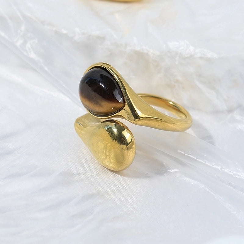 Casual Sweet Cool Style Round Water Droplets 304 Stainless Steel Natural Stone 14K Gold Plated Plating Inlay Rings