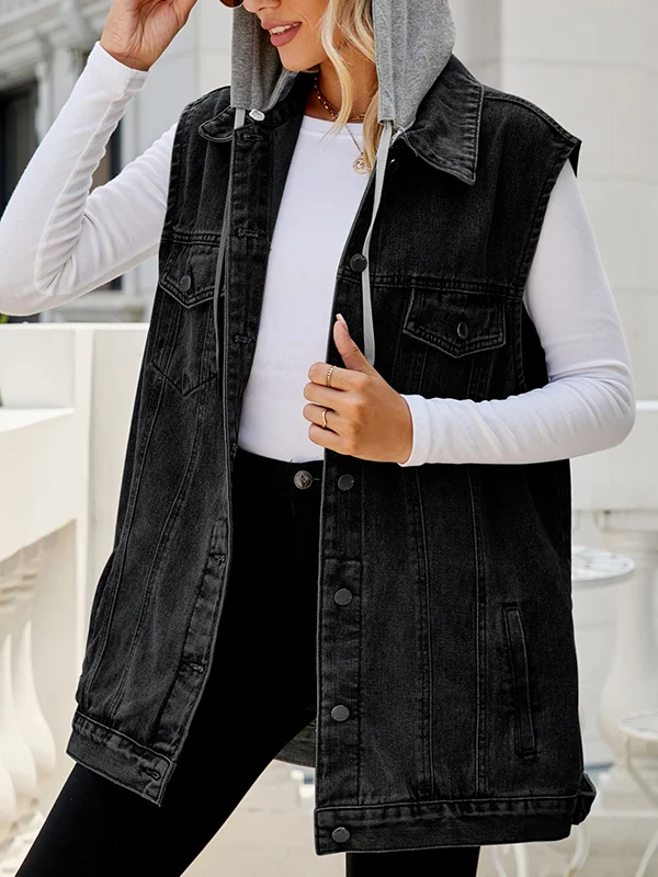 Split-Joint Pockets Hooded Drawstring Detachable Buttoned Sleeveless Loose Polo Vest Outerwear