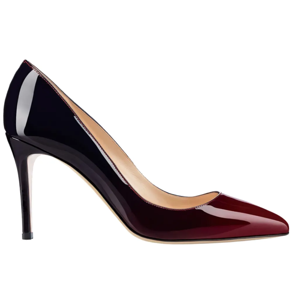 90mm Middle Heels Pointy Toe Pumps Black Wine Gradient Color Patent-vocosishoes