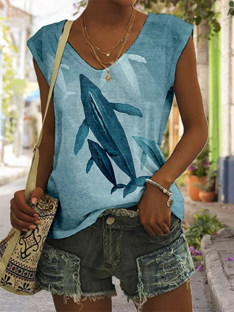 Comstylish Ocean Whales Art Pattern V Neck Comfy Tank Top