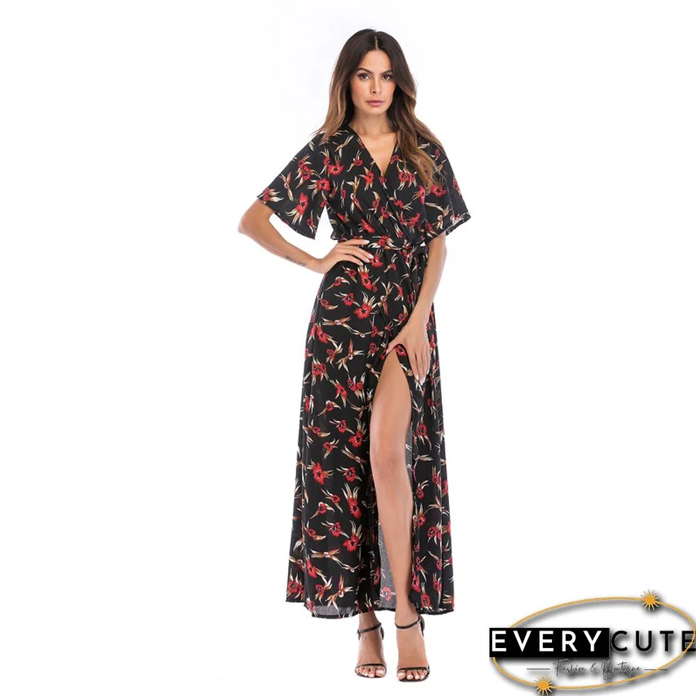 Rust Red Short Sleeve Foral Chiffon Boho Dress
