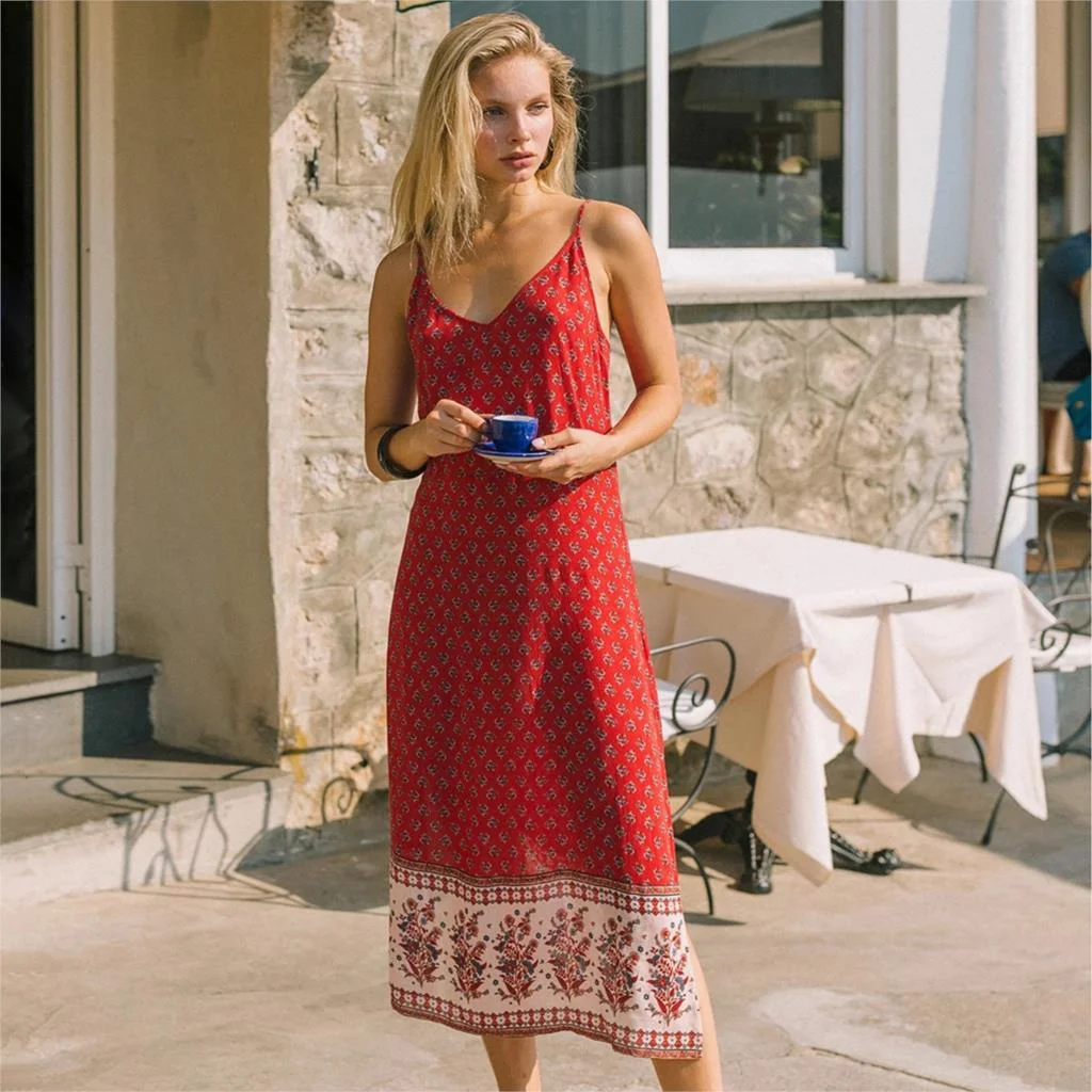 Hippie Backless Split Floral Printed Summer Strap Midi Dress Sleeveless Vintage Cami Vestidos Beach Boho Casual Women Slip Dress