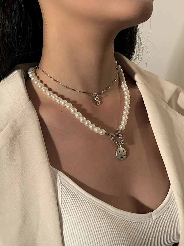 Beaded Decorate Smiley Letter Pendant Double-Layer Necklace