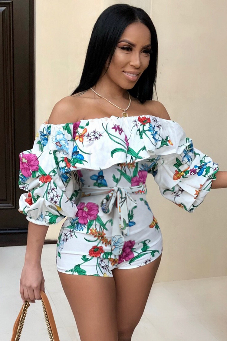 Floral Print Off Shoulder 3/4 Puff Sleeve Tie Up Playsuit Romper-White