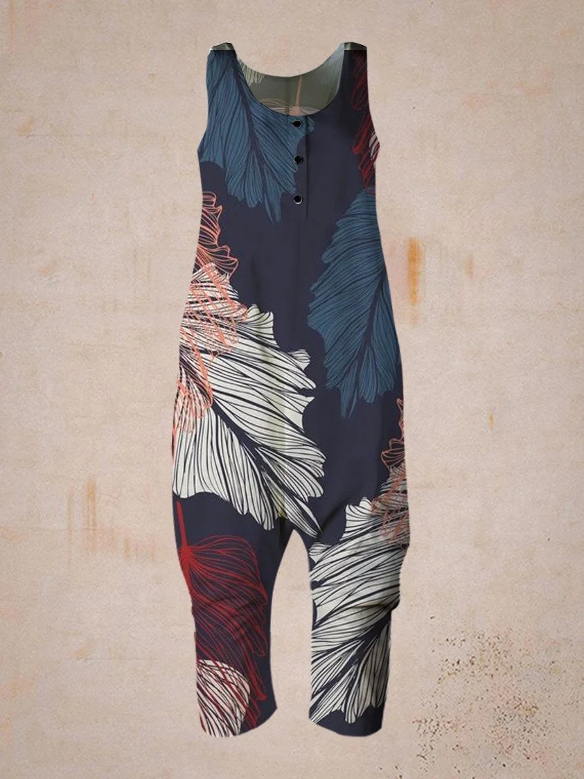 Casual leaf print harem jumpsuit
