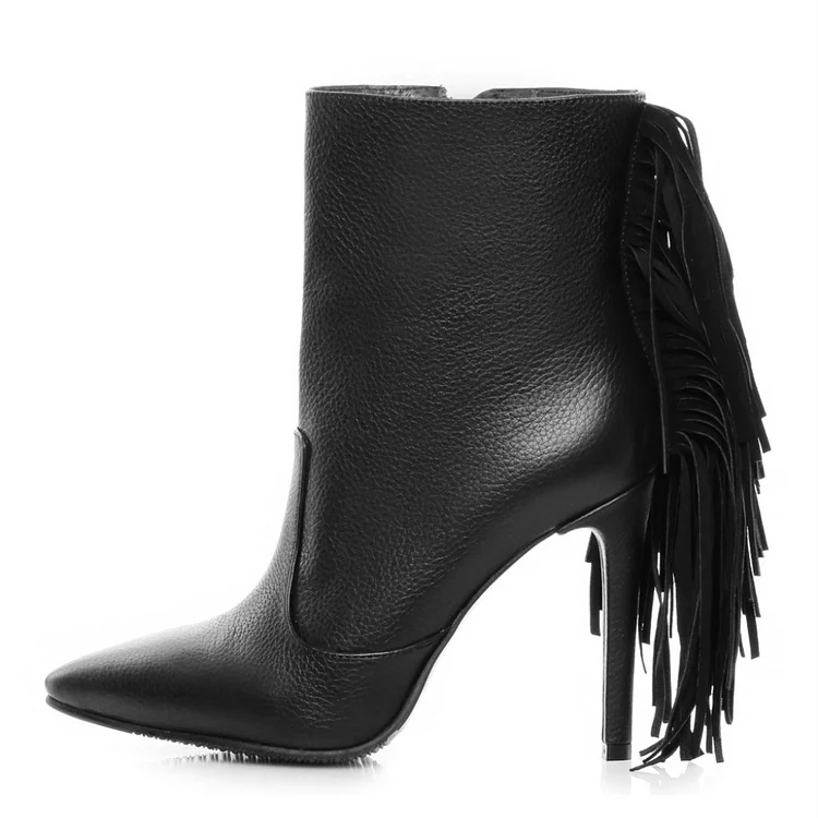 Black Stiletto Boots Litchi Pattern Fringe Ankle Boots for Women |FSJ Shoes