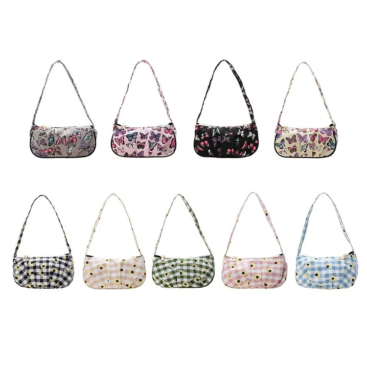 Women Fashion Canvas Pleated Shoulder Underarm Bag Small Print Tote Handbag-Annaletters