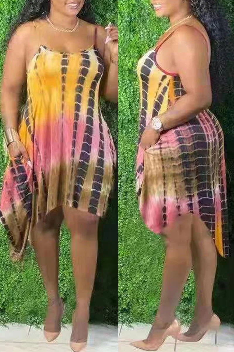 Sexy Casual Print Tie Dye Backless Spaghetti Strap Irregular Dress