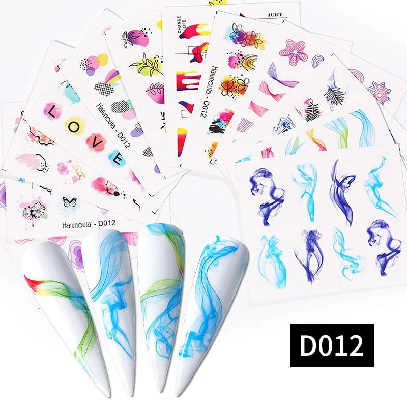 Harunouta 12Pcs Gradient Geometry Line Water Decals Set Pink Blue Colorful Whirlpool Wave Stickers Sliders Nail Art Decorations
