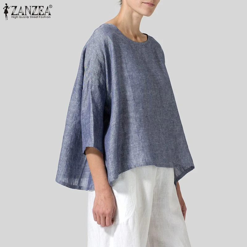 ZANZEA Women Elegant Blouse Summer O Neck 3/4 Sleeve Work Shirt Casual Chemise Solid Buttons Blusas  Loose Tops Robe