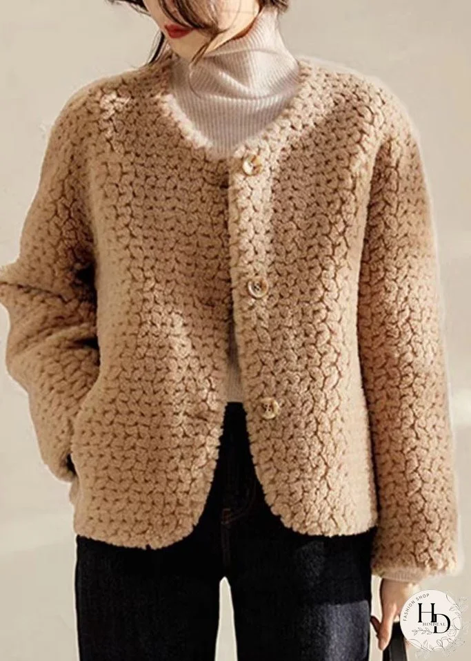 Loose Khaki O Neck Pockets Patchwork Wool Coats Winter