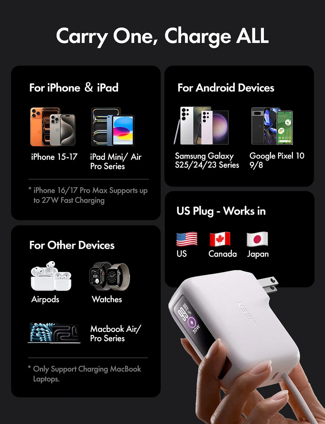 This 3-in-1 fast travel charger combines a 35W wall charger and a 27W power bank, and includes a built-in 3.3-foot USB-C cable and a foldable plug.