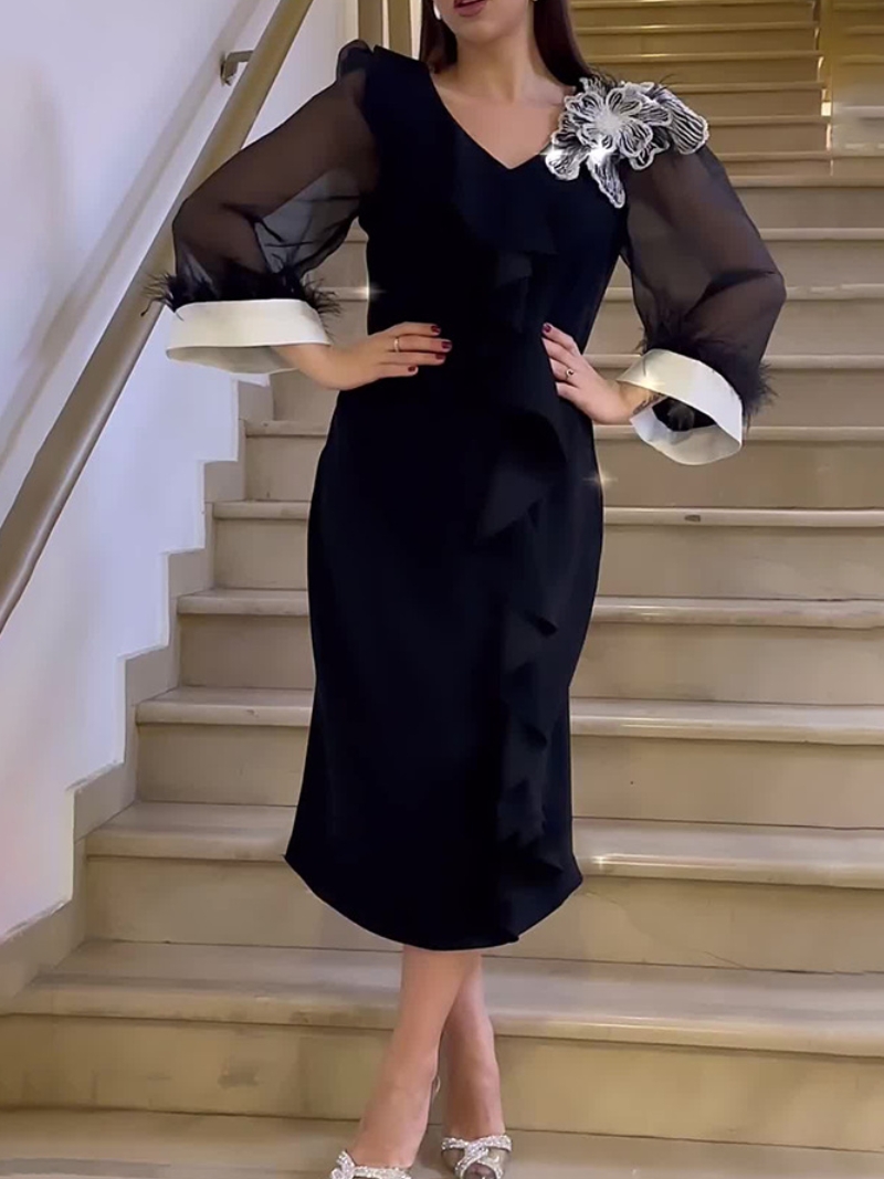 V-neck Solid Color Long-sleeved Color-blocked Butterfly Dress | Oxredo Shop Ramadan Sale