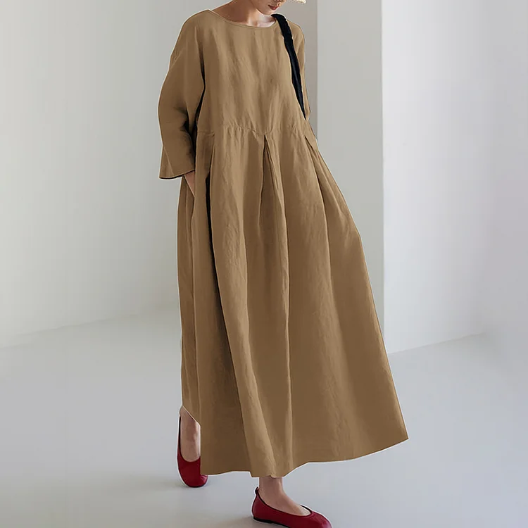 VChics Women's Solid Color Cotton Linen Print Maxi Dress