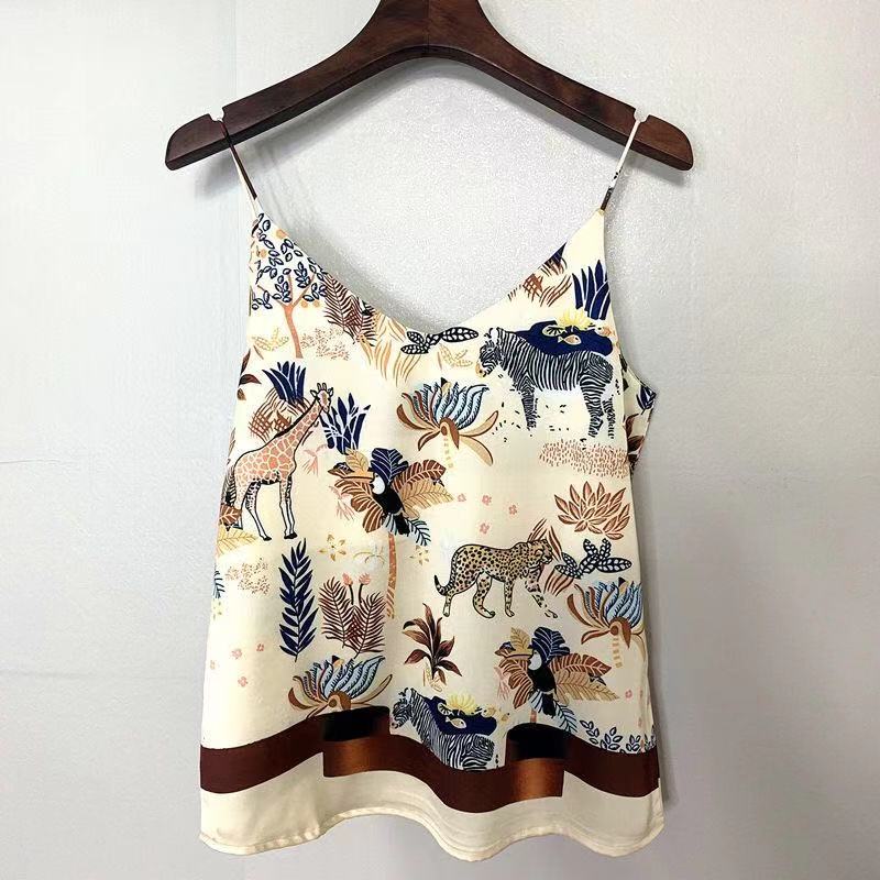 2021 National Style Spring Summer Women Sexy Spaghetti Strap Tank Top Vintage Print Camis Femme chiffon V Neck Tops S808