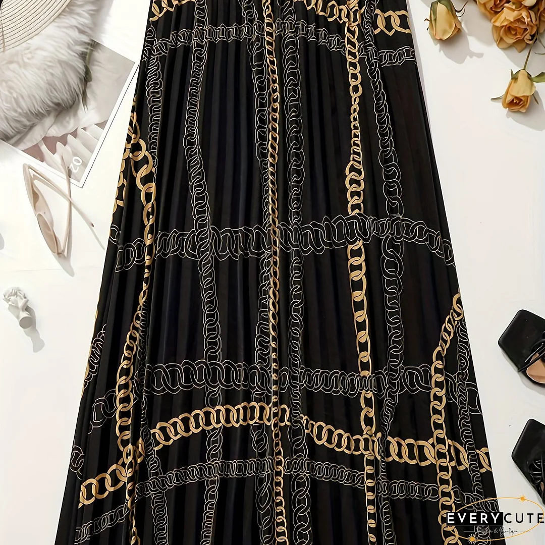 Plus Size Elegant Skirt, Women's Plus Baroque Print Slight Stretch Contrast Tape Pleated Maxi Skirt