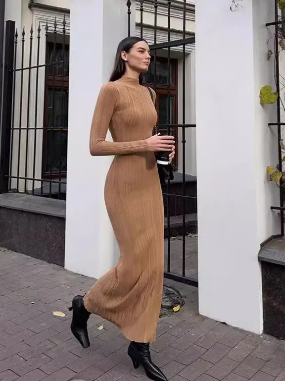 Uveng Uveng And Winter Long-Sleeved Knitted Dress 2024 New Sweater Dress Striped Long High-Collar Tight Sexy Dress