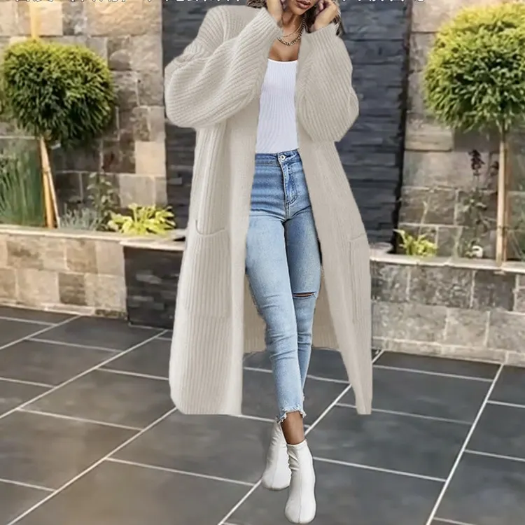 Uveng Women Long Knitted Casual Vintage Solid Color Loose Sweater Coat Fashion Basic All-Match Solid Cardigans New 2022